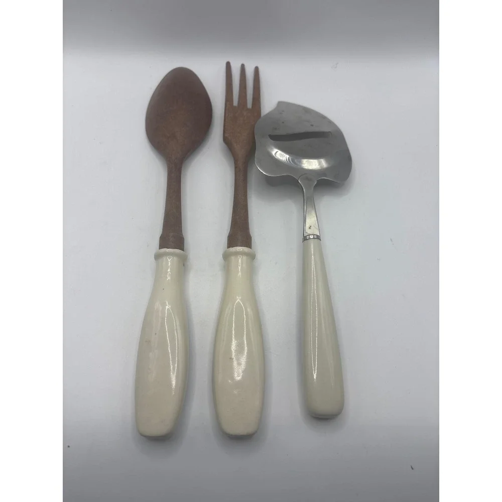 Vintage Delft Blue Ceramic Handle Cheese Slicer Wooden Salad Fork Spoon Set 3pc